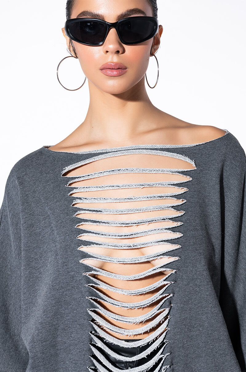 SPOTLIGHT SHREDDED ZIP SLEEVE SWEATSHIRT