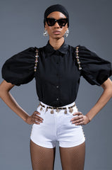 NARCISSA EMBELLISHED SHORT SLEEVE POPLIN BLOUSE