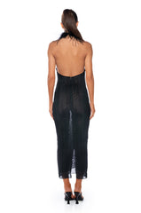 FORTUNA FEATHER HALTERNECK MESH MIDI DRESS