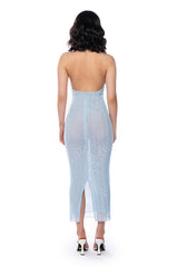 FORTUNA FEATHER HALTERNECK MESH MIDI DRESS