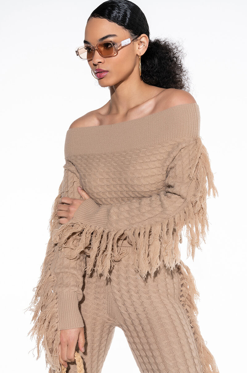 FREAKY FRIDAY LONG SLEEVE FRINGE OFF THE SHOULDER CROP TOP