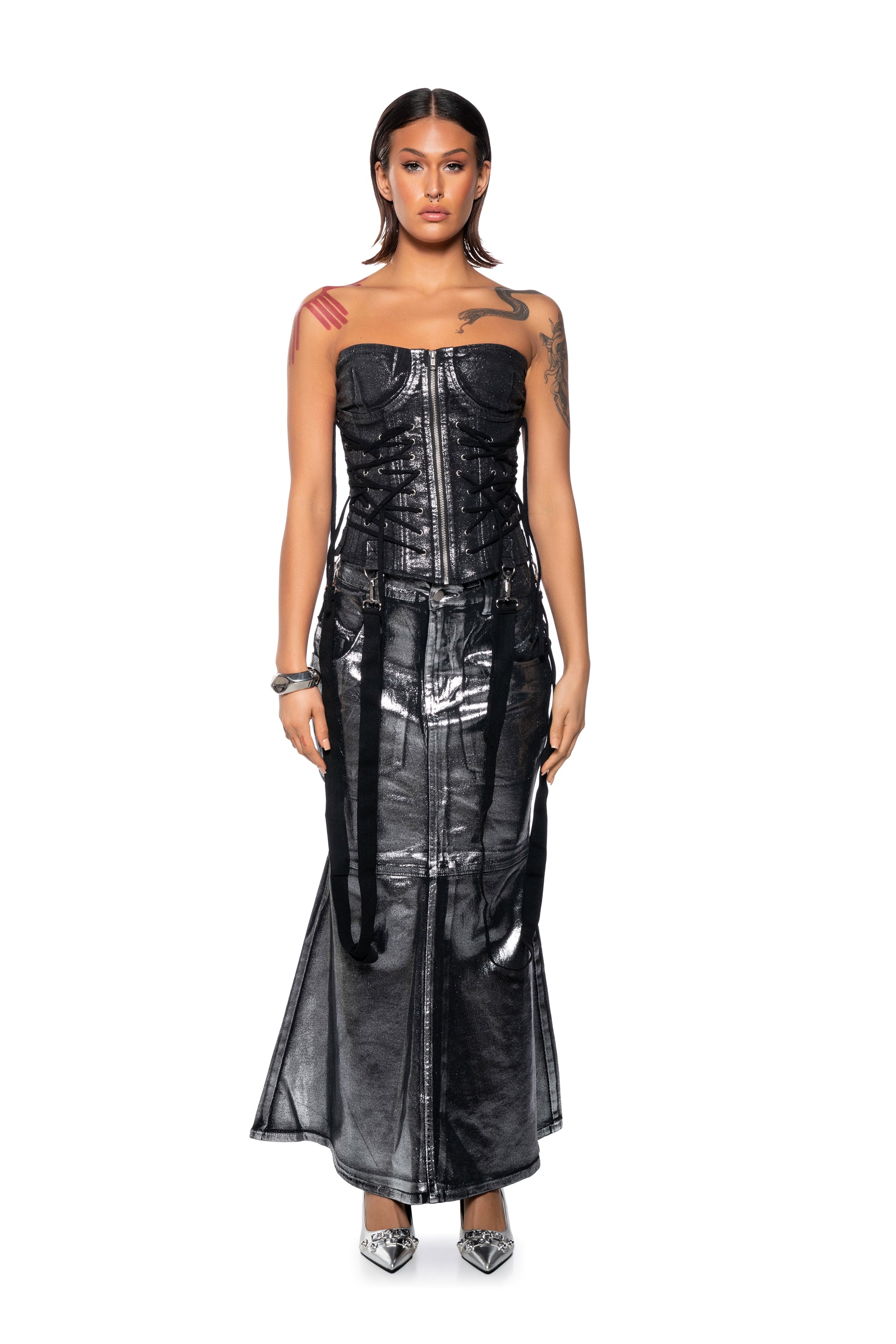 FREYA COATED DENIM MAXI SKIRT