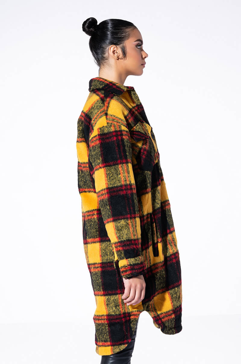 FUZZY PLAID LONG SHACKET WITH QUILTED LINING