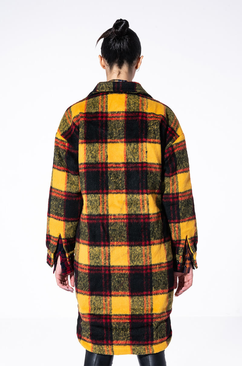 FUZZY PLAID LONG SHACKET WITH QUILTED LINING