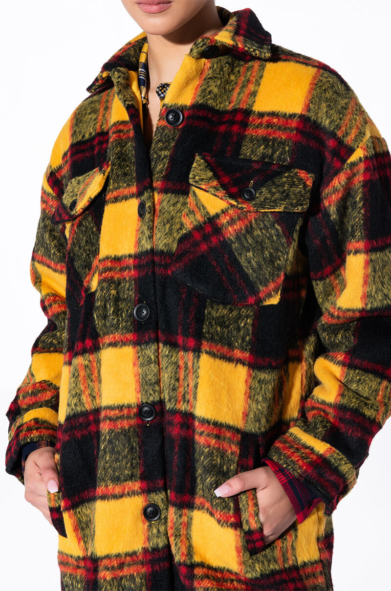 FUZZY PLAID LONG SHACKET WITH QUILTED LINING