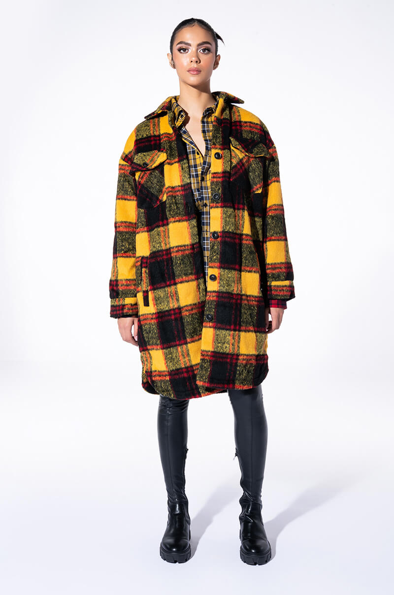 FUZZY PLAID LONG SHACKET WITH QUILTED LINING