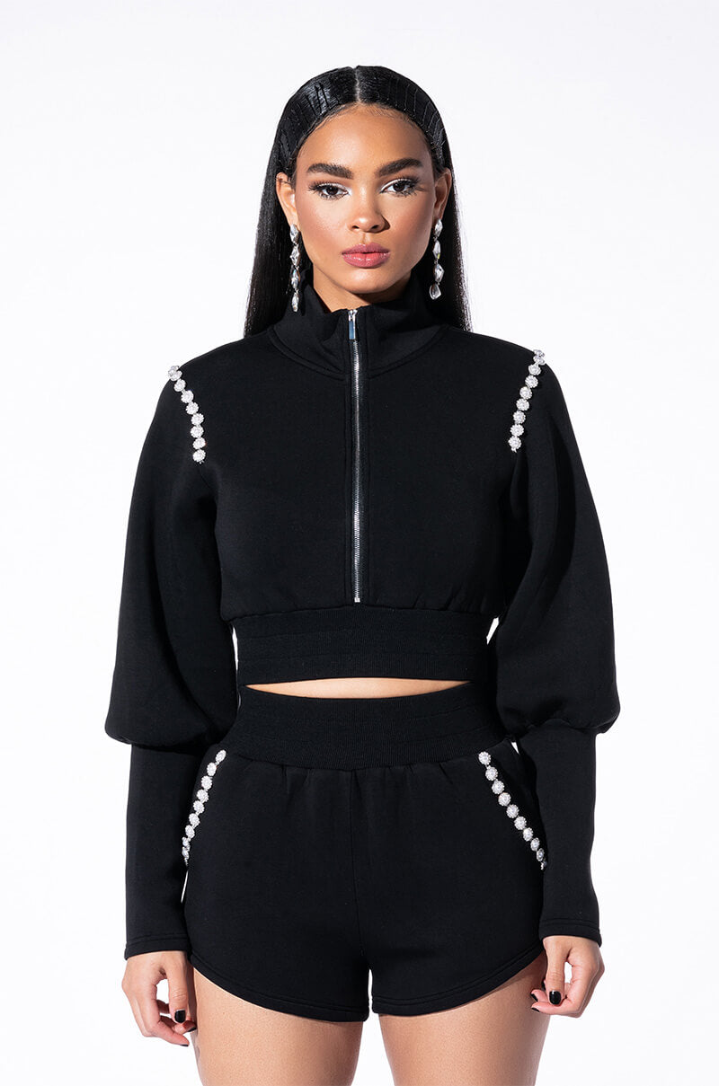 GEMINI PEARL DETAIL FRONT ZIP SCUBA SWEATSHIRT