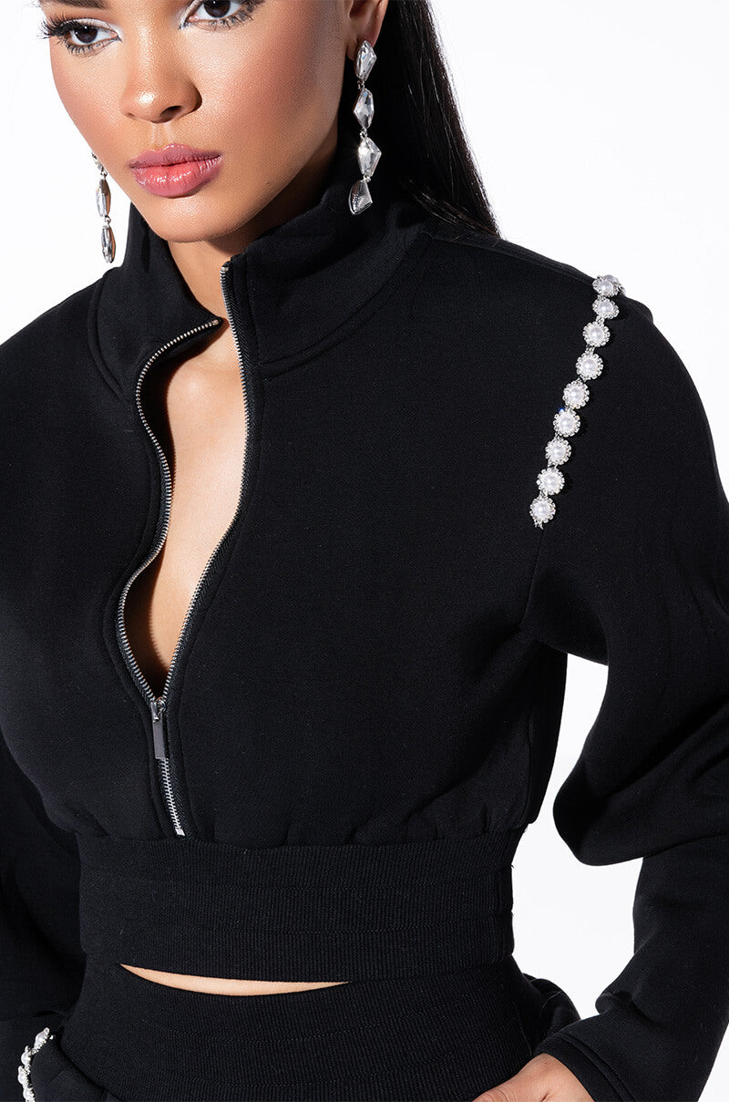 GEMINI PEARL DETAIL FRONT ZIP SCUBA SWEATSHIRT
