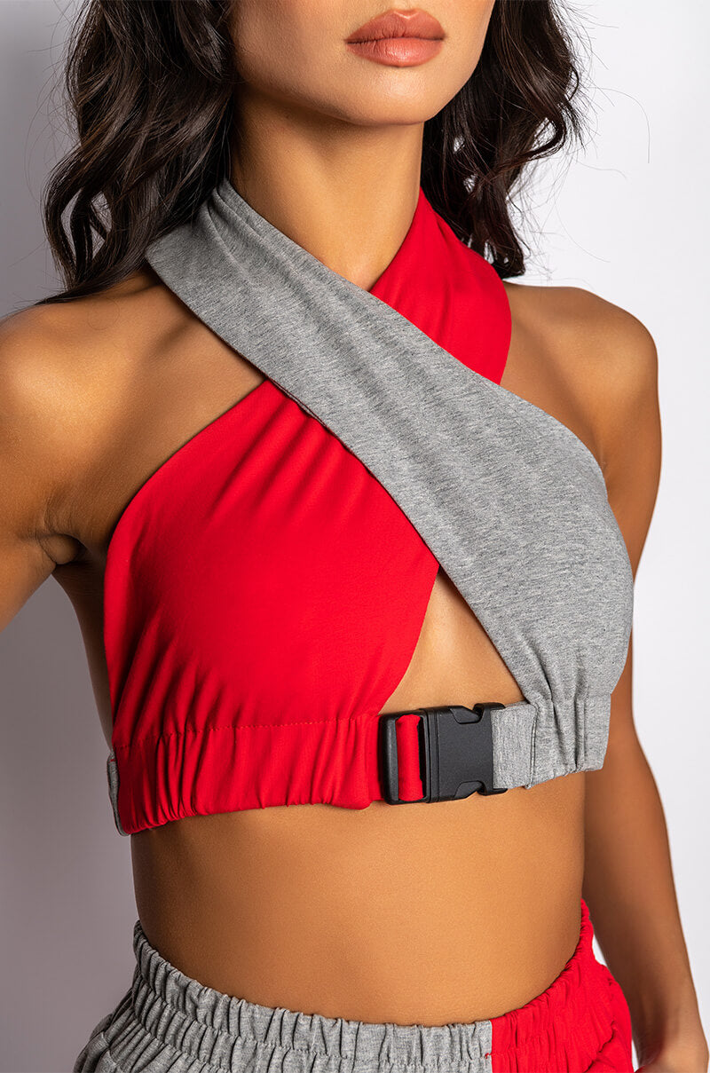 GET OVER IT BUCKLE DETAIL WRAP FRONT CROP TOP
