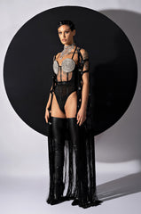 GLITCH IN THE MATRIX RHINESTONE MESH HALTER BODYSUIT