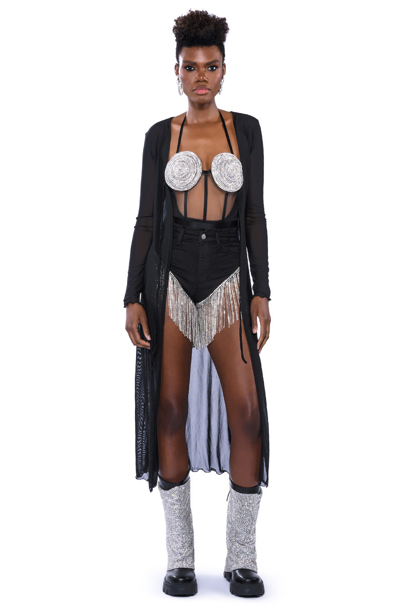 GLITCH IN THE MATRIX RHINESTONE MESH HALTER BODYSUIT