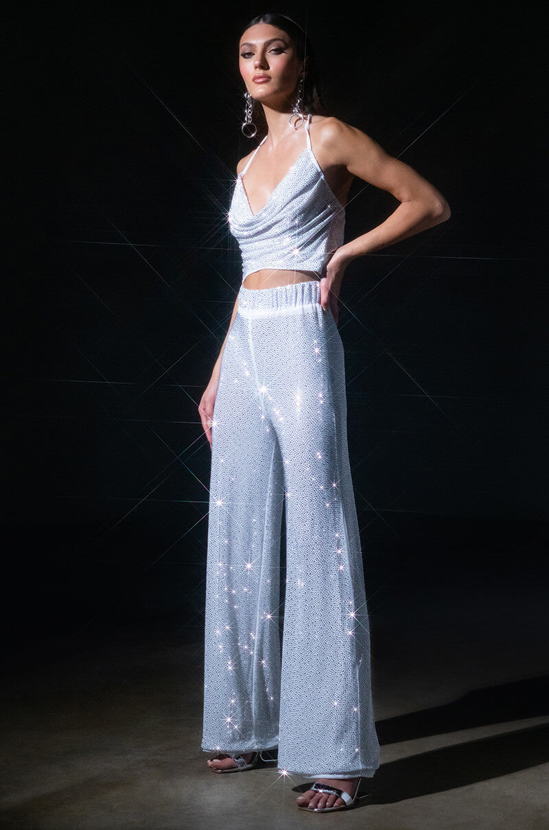GLITZY RHINESTONE MESH PALAZZO PANT