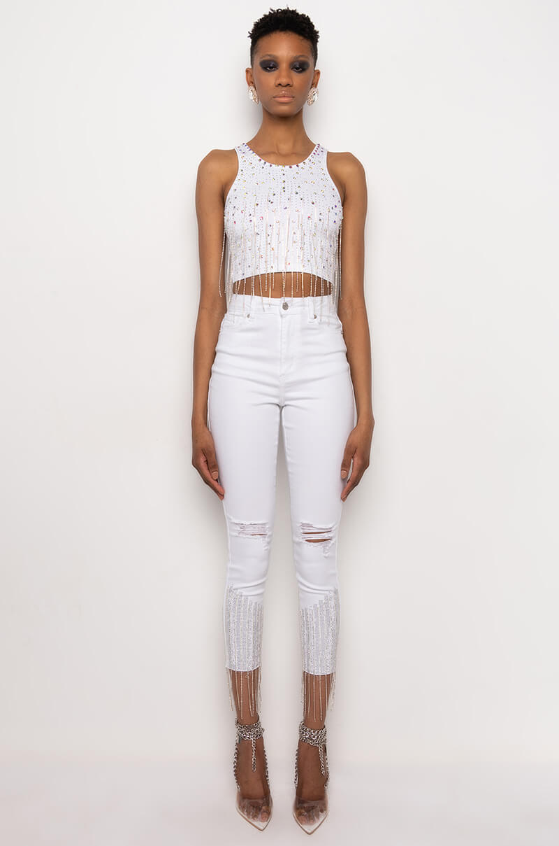 TOO GOOD HIGH WAISTED RHINESTONE FRINGE SKINNY JEANS