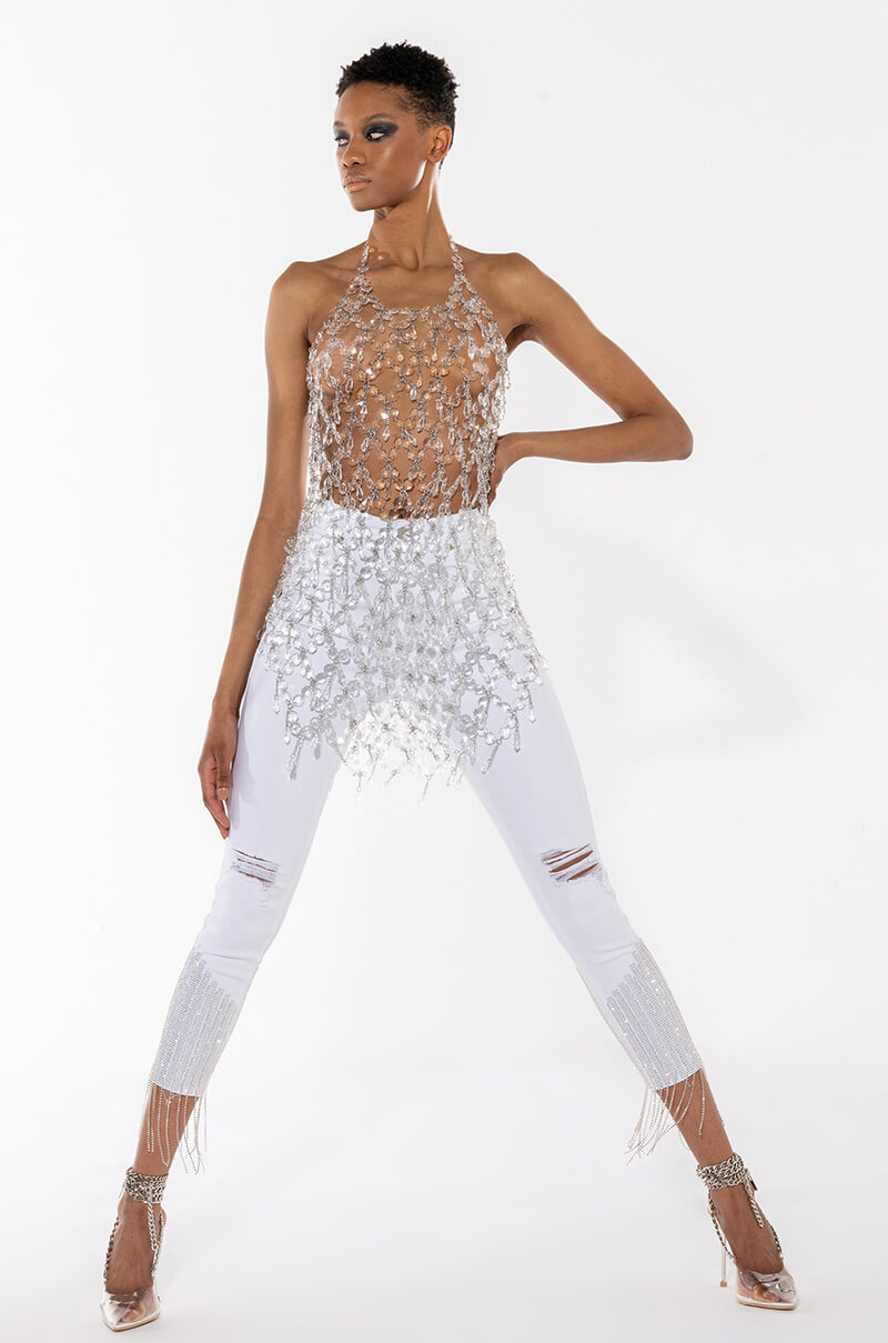 TOO GOOD HIGH WAISTED RHINESTONE FRINGE SKINNY JEANS