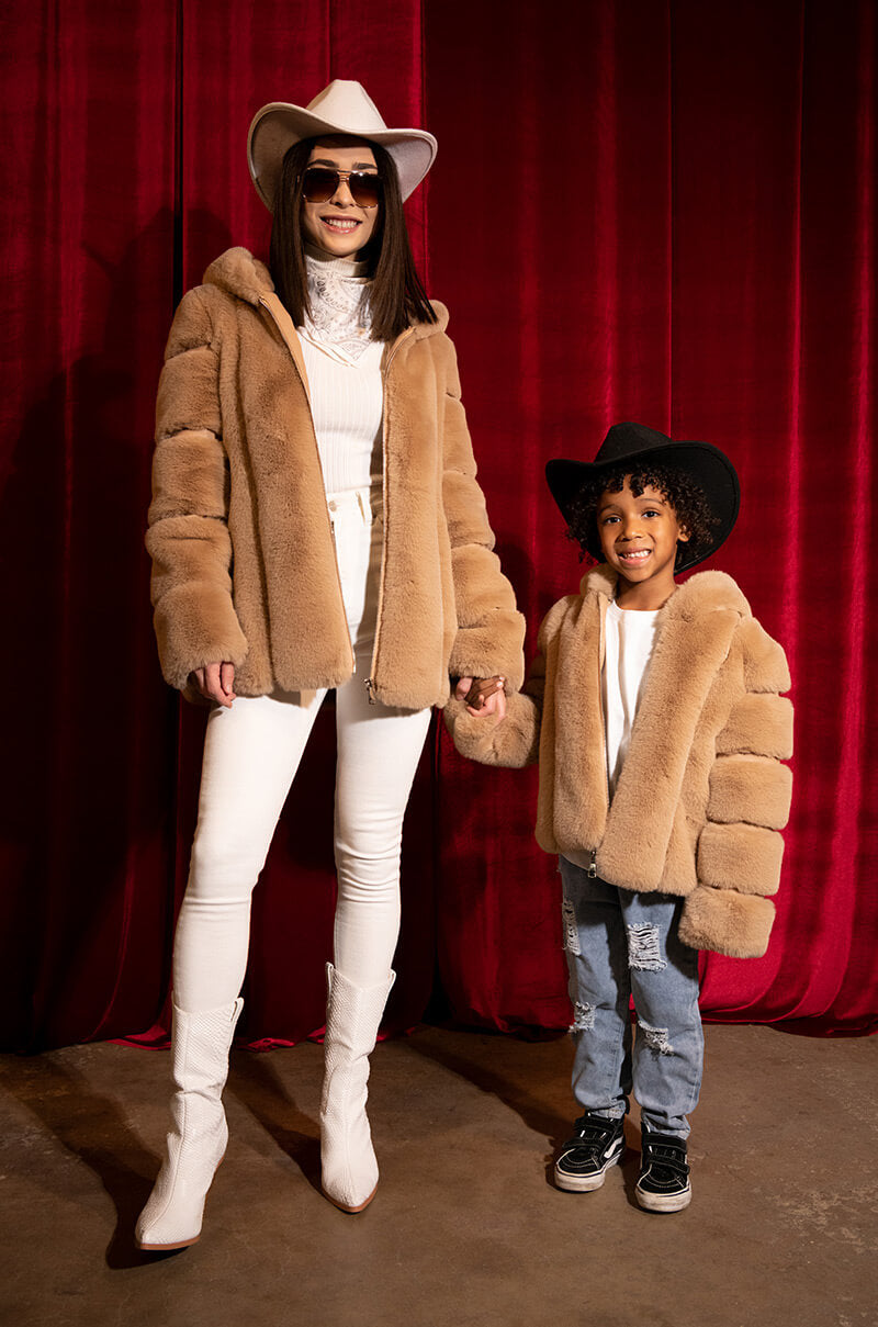 GOT IT FROM MY MAMA FAUX FUR HOODED JACKET