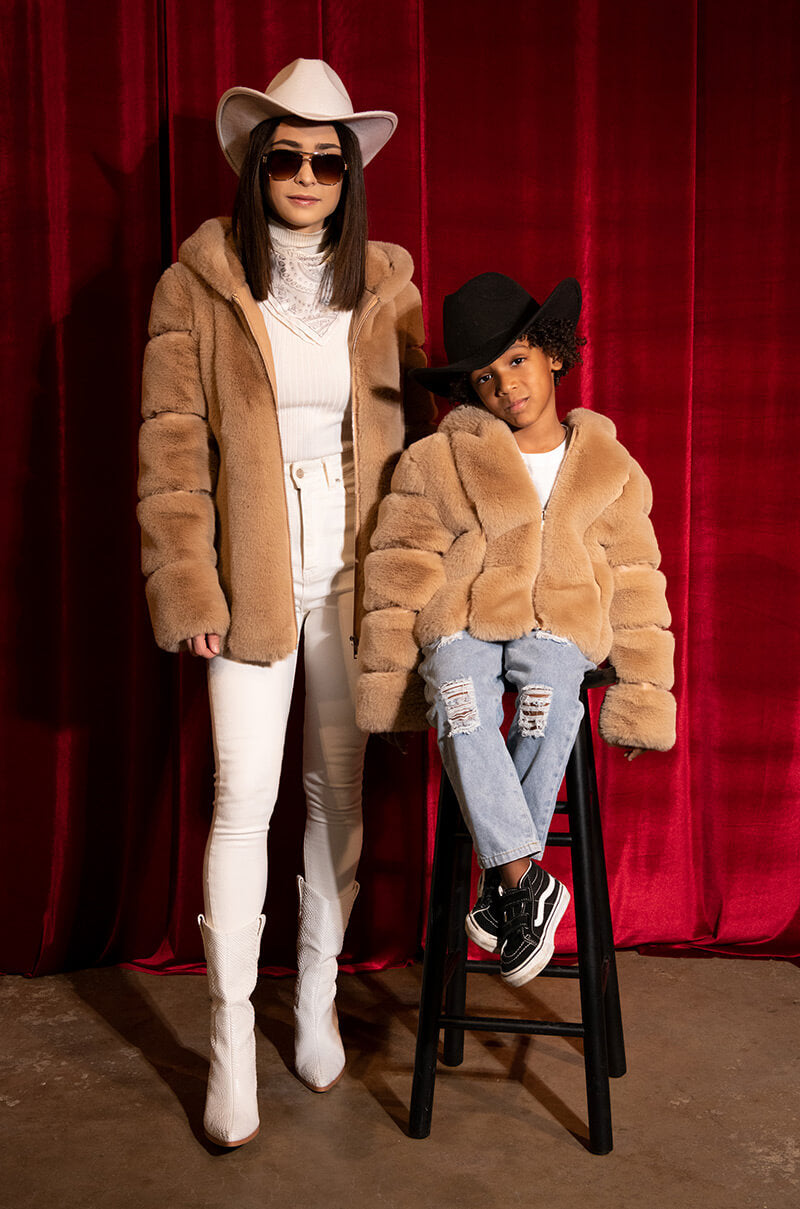 GOT IT FROM MY MAMA FAUX FUR HOODED JACKET