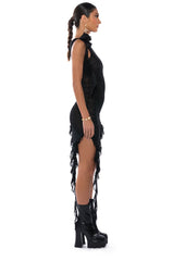 HAILEY SLEEVELESS ASYMMETRICAL RUFFLE MESH MIDI DRESS