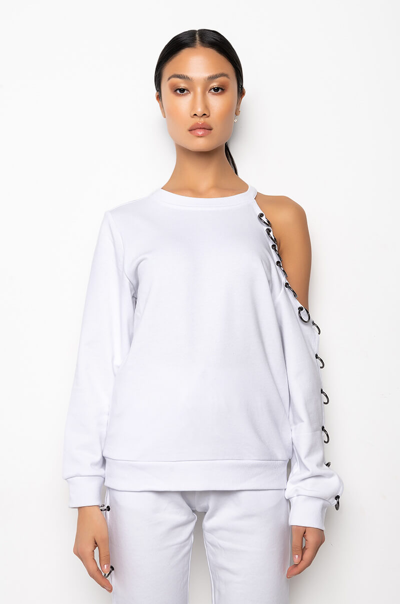 HALO COLD SHOULDER RING DETAIL CREW NECK SWEATSHIRT