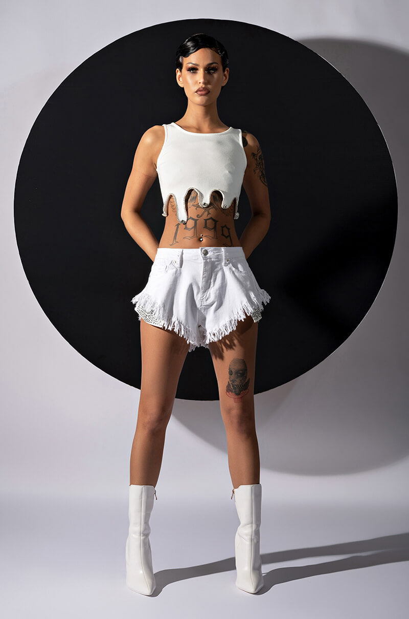 HANALEI RHINESTONE FRAYED HIGH RISE DENIM SHORT