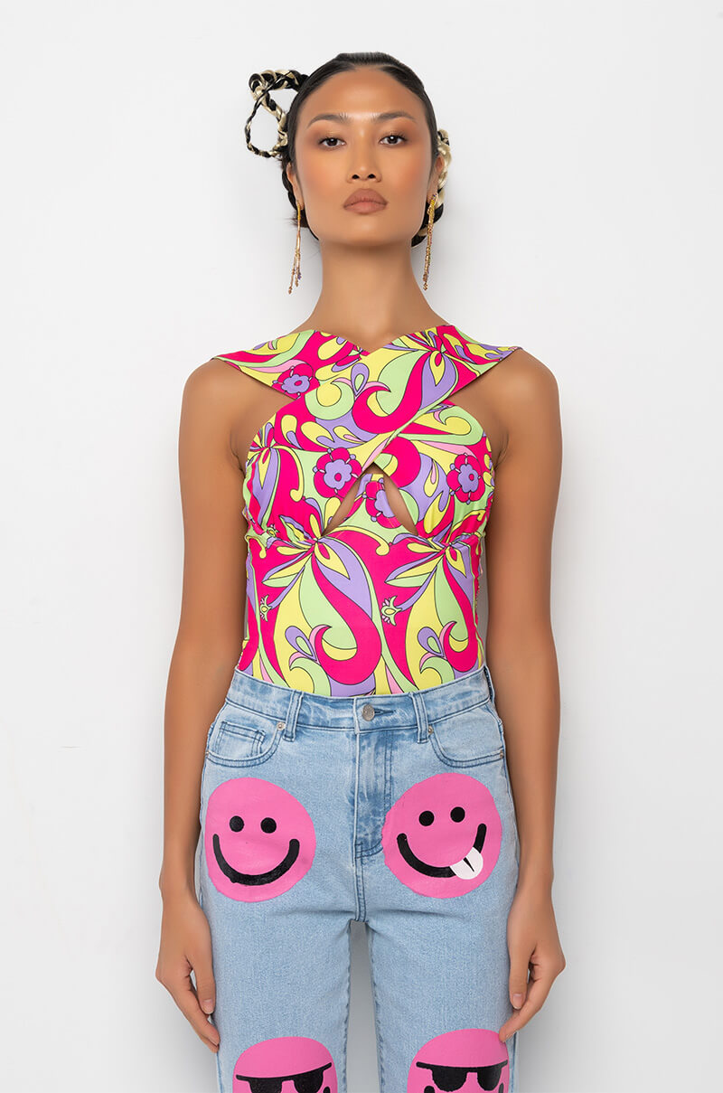 HAPPY DAZE CROSS OVER HALTER BODYSUIT