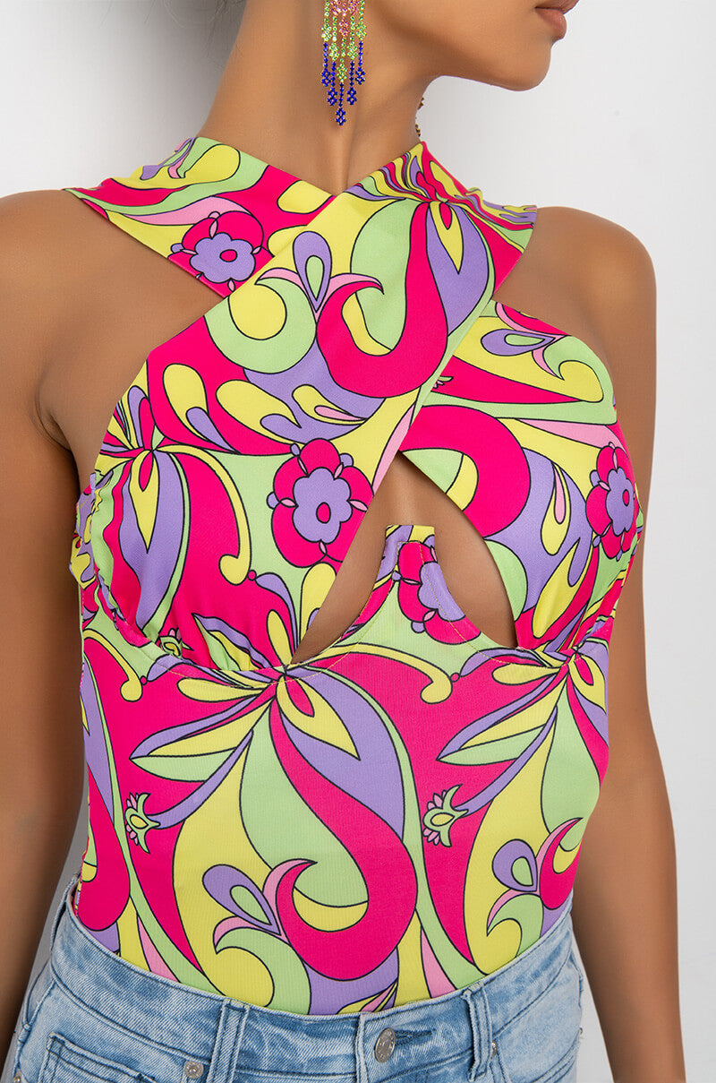 HAPPY DAZE CROSS OVER HALTER BODYSUIT