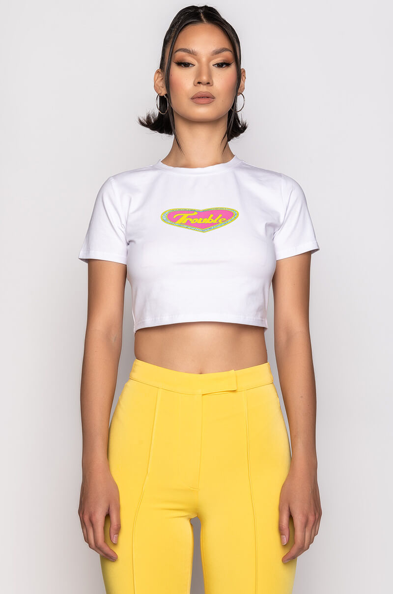 HERE COMES TROUBLE EMBELLISHED SHORT SLEEVE TEE