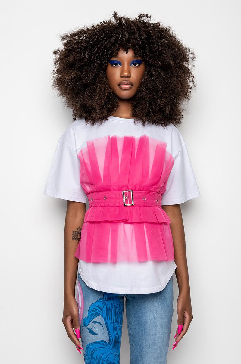 HERE COMES TROUBLE TULLE DETAIL BELTED T SHIRT