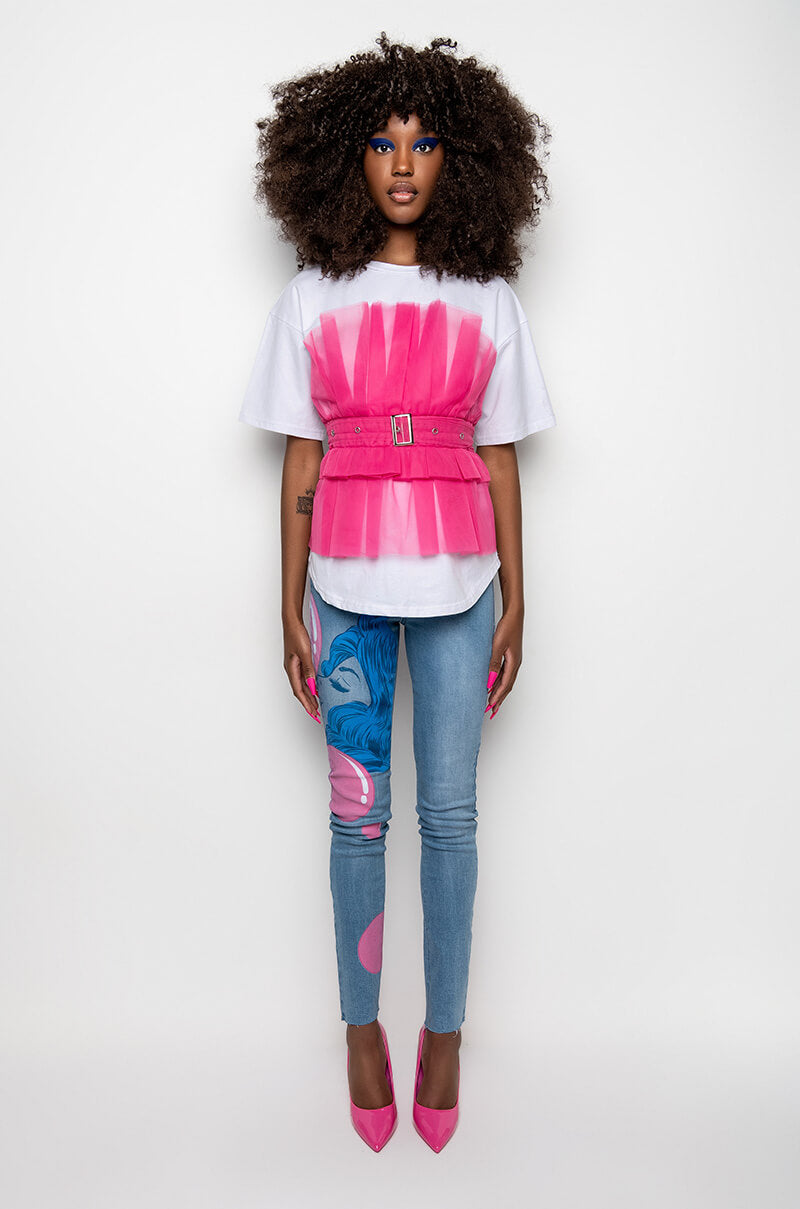 HERE COMES TROUBLE TULLE DETAIL BELTED T SHIRT