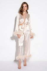HIDDEN AGENDA FEATHER DETAIL CROPPED SATIN PANTS