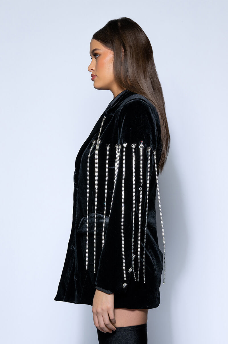 HIGHEST BIDDER RHINESTONE FRINGE VELVET BLAZER