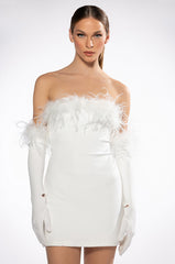 HOLLY FEATHER DETAIL STRAPLESS BODYCON DRESS WITH GLOVES