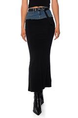 HOLLYWOOD DREAMS DENIM AND COTTON MAXI SKIRT