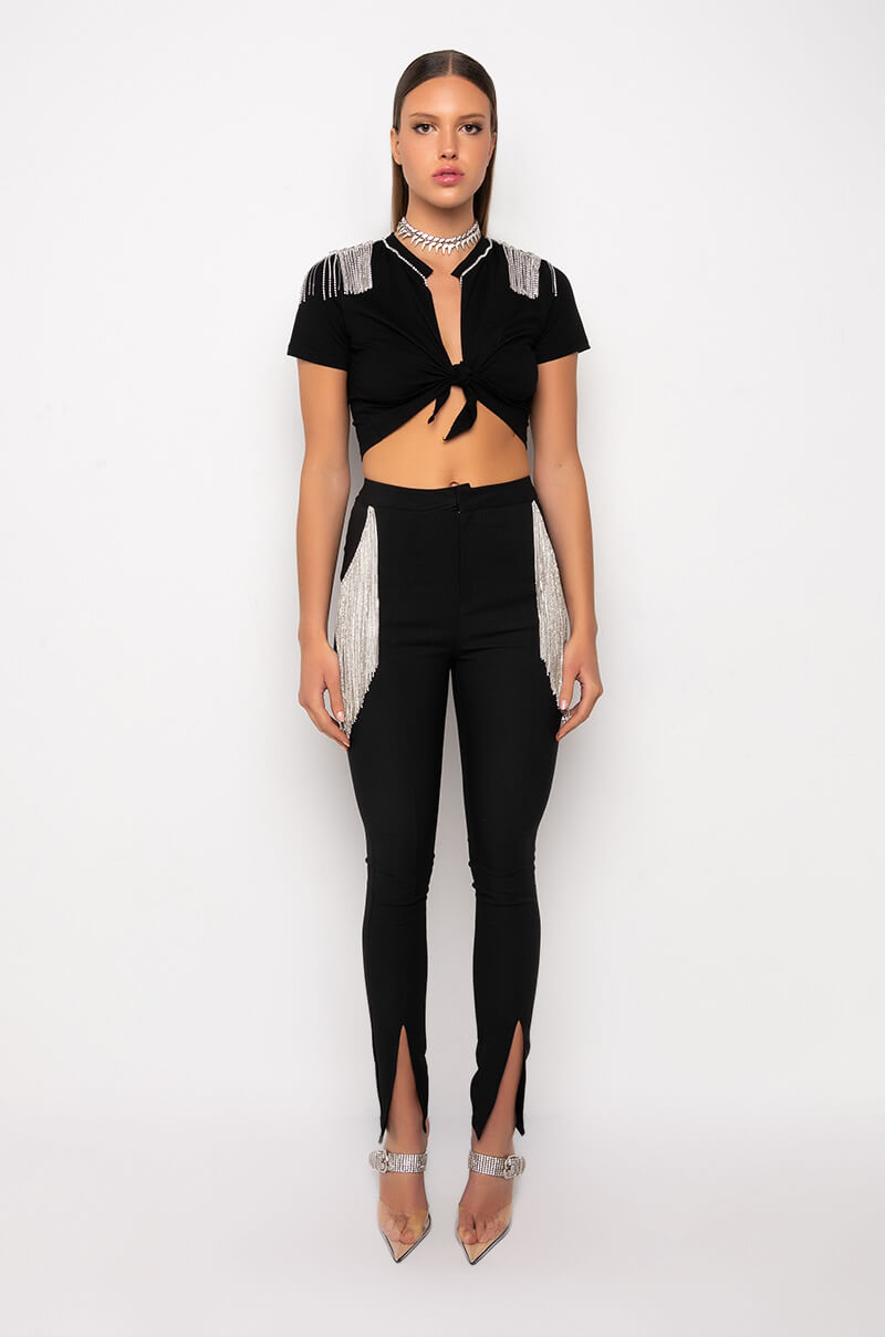 HOUSTON ATLANTA VEGAS EMBELLISHED TIE FRONT CROP TOP