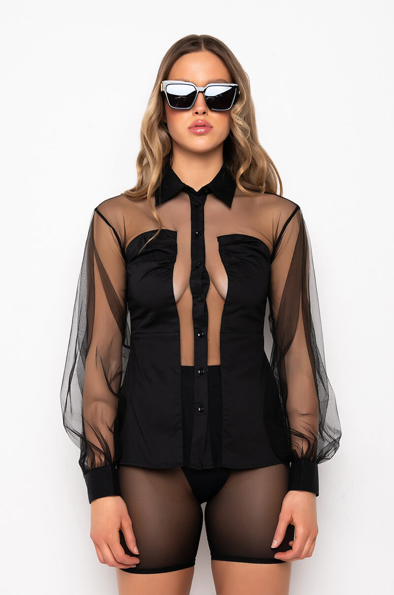 HOW MANY DRINKS MESH PANEL BUTTON DOWN BLOUSE