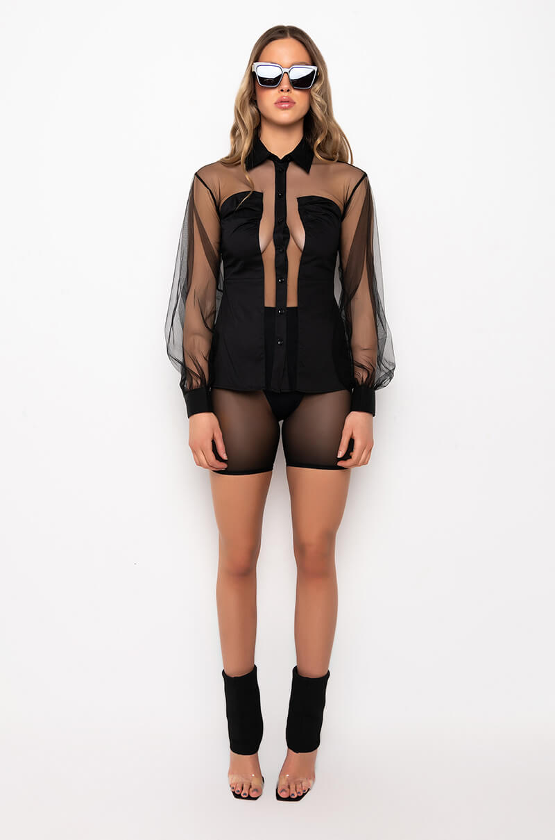 HOW MANY DRINKS MESH PANEL BUTTON DOWN BLOUSE
