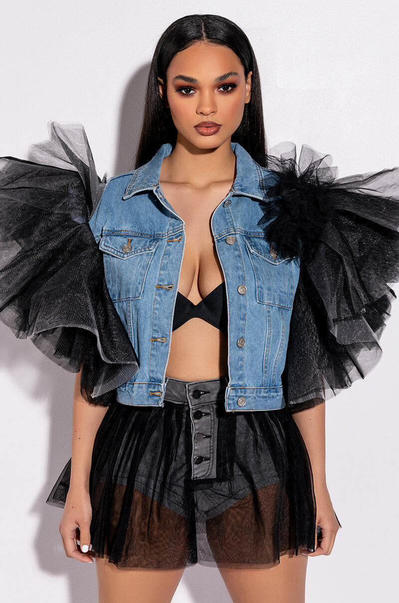 HOW SOON IS NOW TULLE DENIM SHORTS