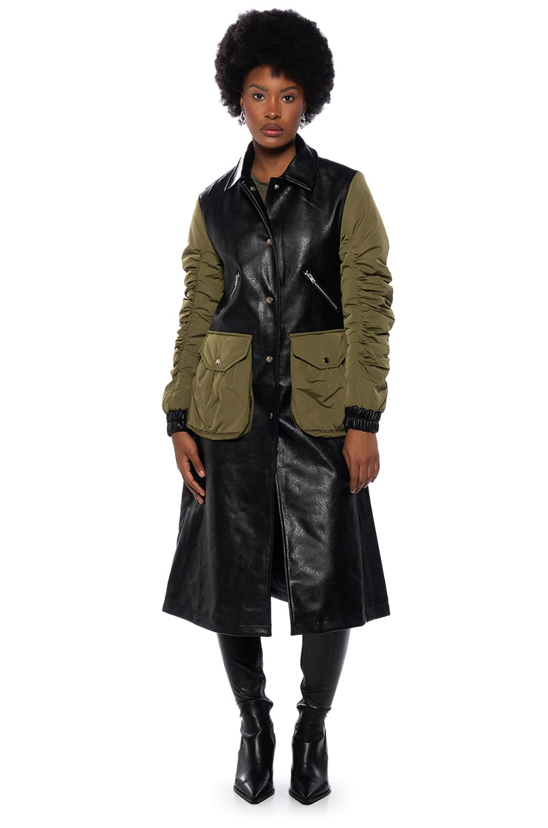 HYBRID MOTO PLEATHER TRENCH