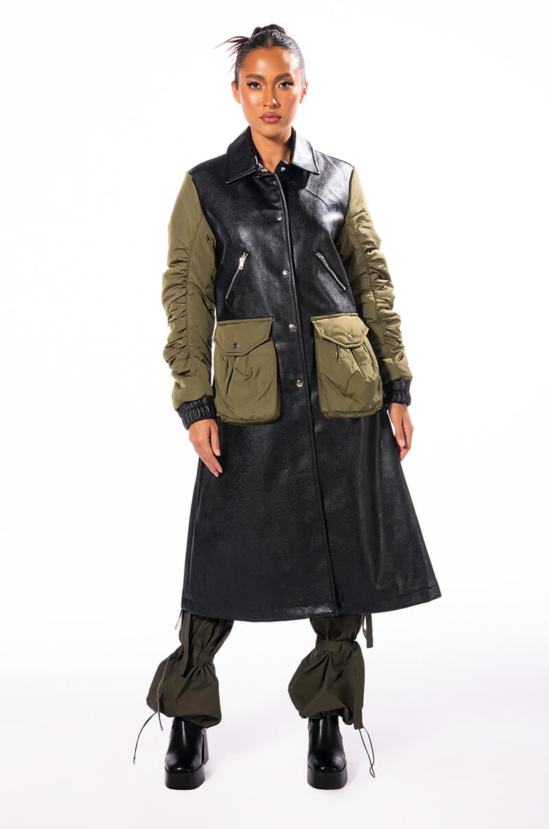 HYBRID MOTO PLEATHER TRENCH