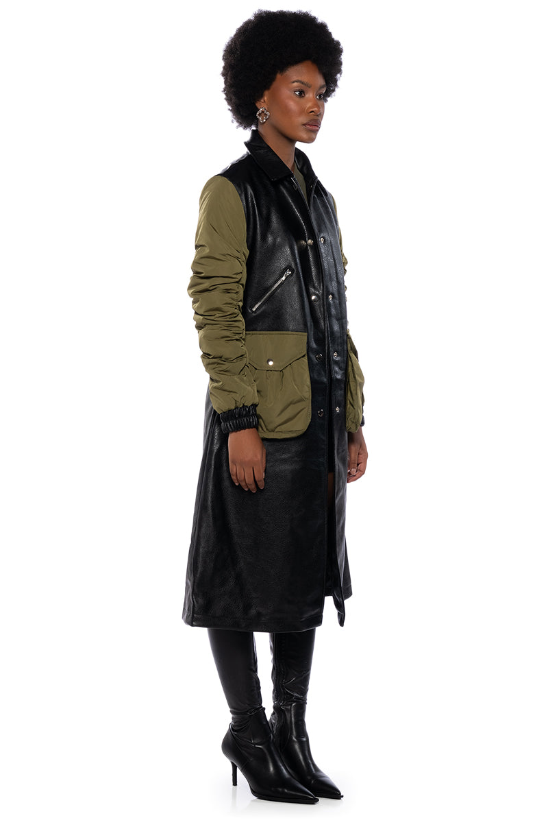 HYBRID MOTO PLEATHER TRENCH
