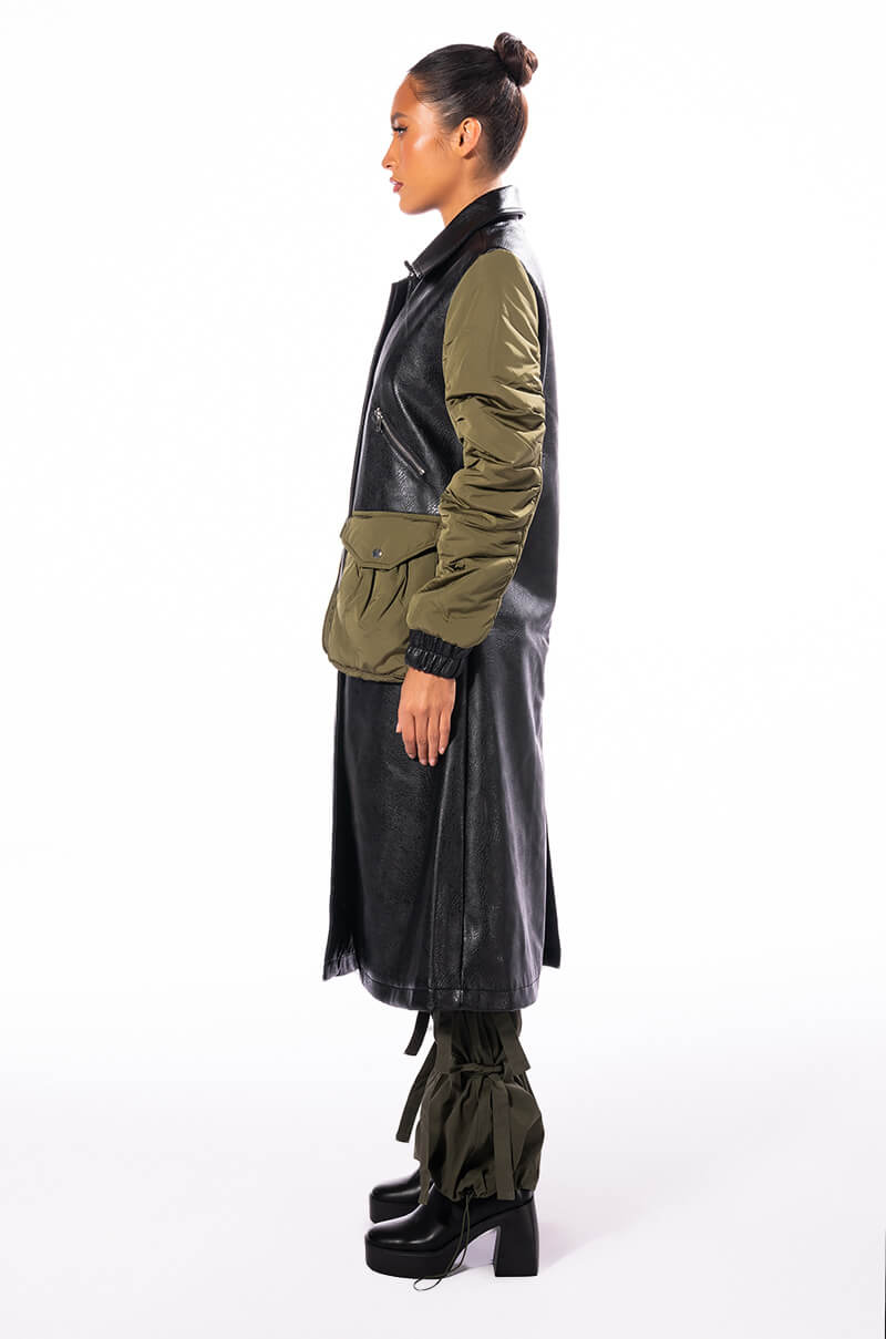 HYBRID MOTO PLEATHER TRENCH