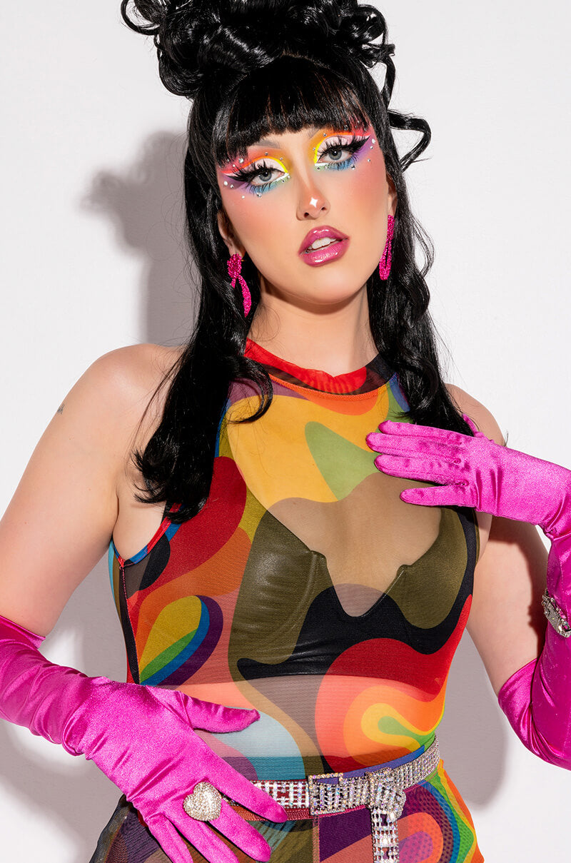 I AM ME MOCK NECK SLEEVELESS MESH BODYSUIT