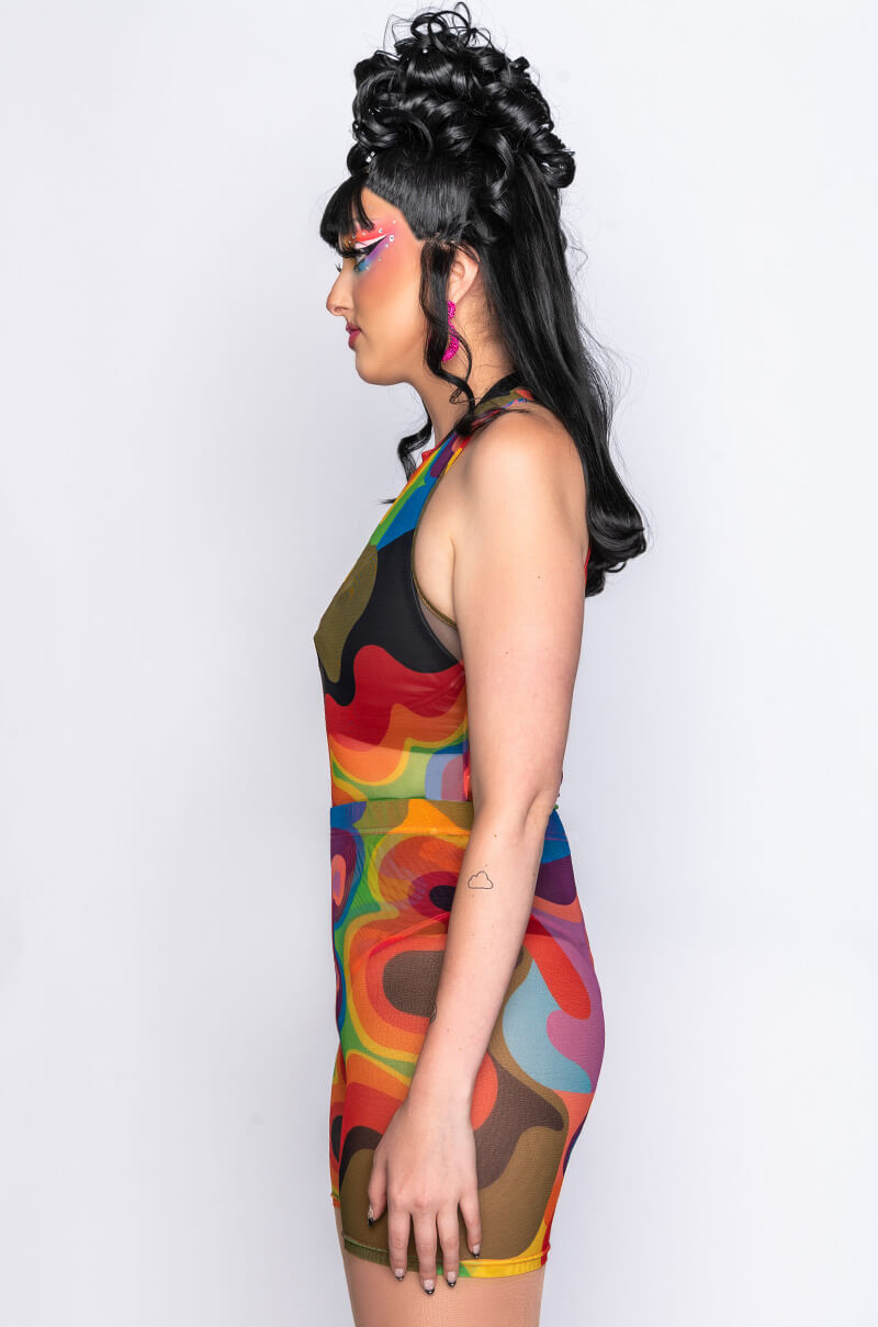 I AM ME MOCK NECK SLEEVELESS MESH BODYSUIT