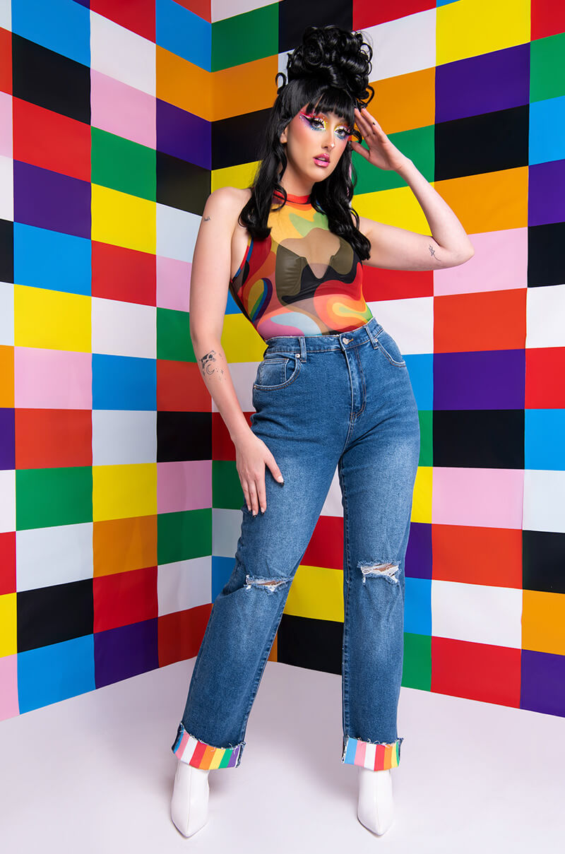 I AM ME MOCK NECK SLEEVELESS MESH BODYSUIT