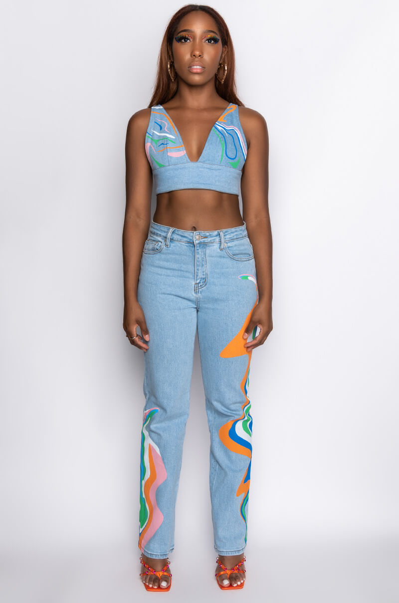 I AM ME SHAR STRAIGHT PRINTED DENIM