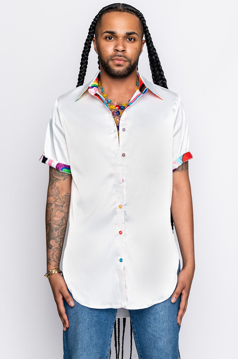I AM ME TIGER BUTTON UP SATIN BLOUSE
