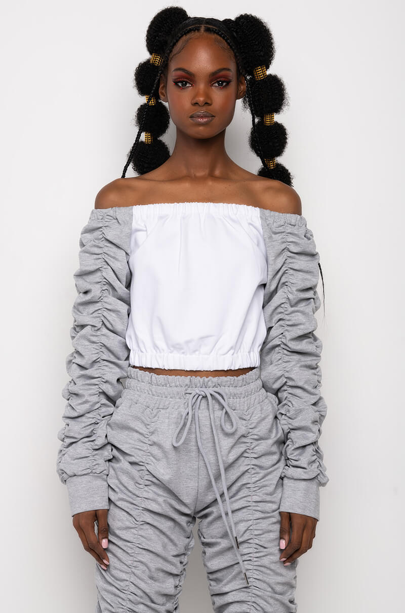 ICONIC OFF THE SHOULDER RUCHED SWEATSHIRT