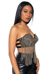 MATERIAL GIRL METALLIC FRINGE BUSTIER TOP