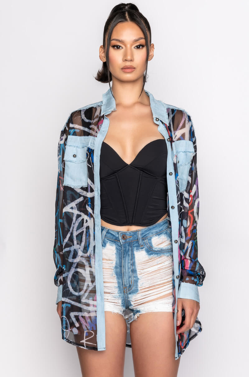 I'LL TAKE IT FROM HERE MESH LONG SLEEVE BUTTON UP BLOUSE