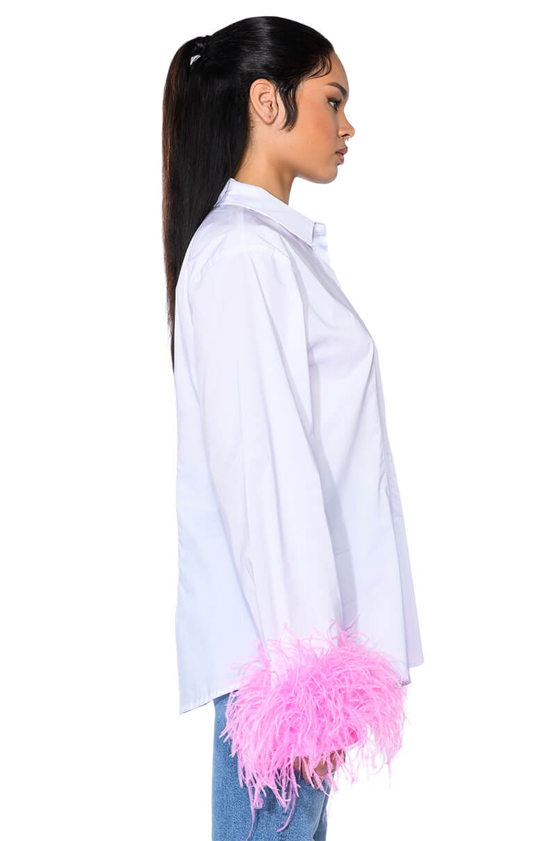 IM A FLIRT OSTRICH FEATHER BUTTON DOWN BLOUSE
