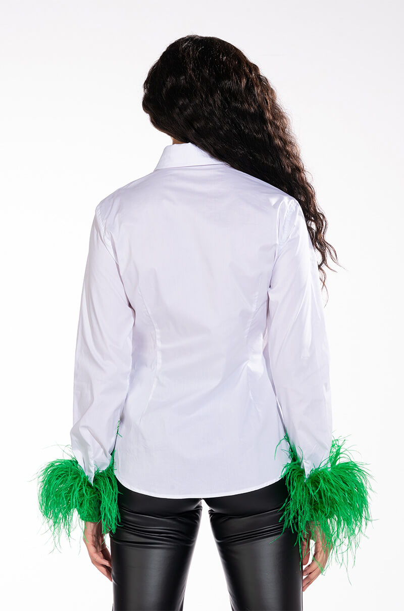 IM A FLIRT OSTRICH FEATHER BUTTON DOWN BLOUSE